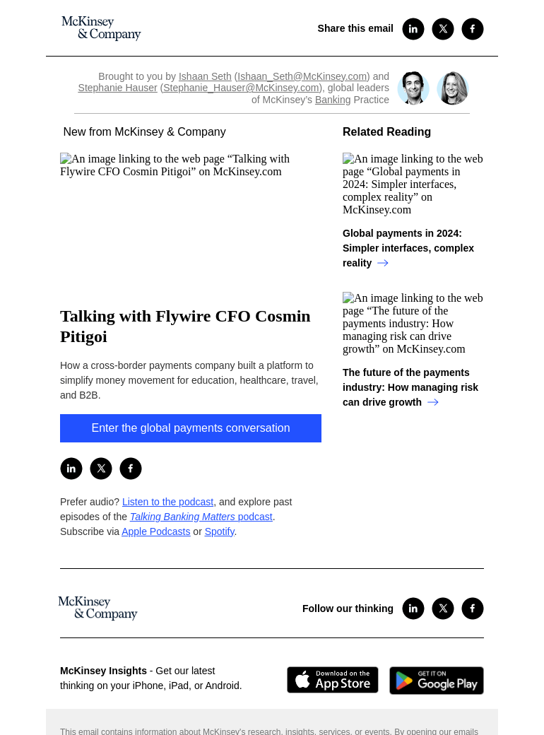 Письмо компании «McKinsey & Company» на тему «Talking with Flywire CFO Cosmin Pitigoi»