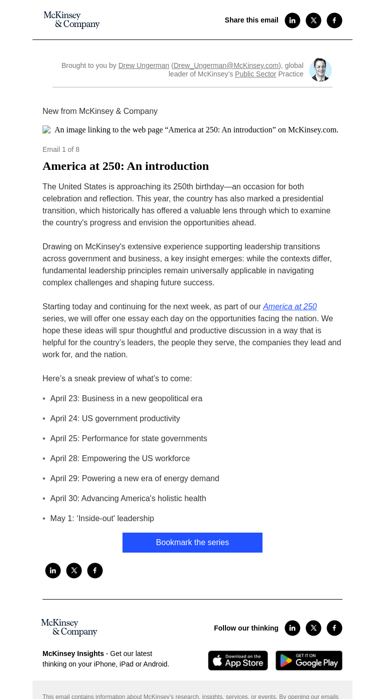 Письмо компании «McKinsey & Company» на тему «America at 250: An introduction»