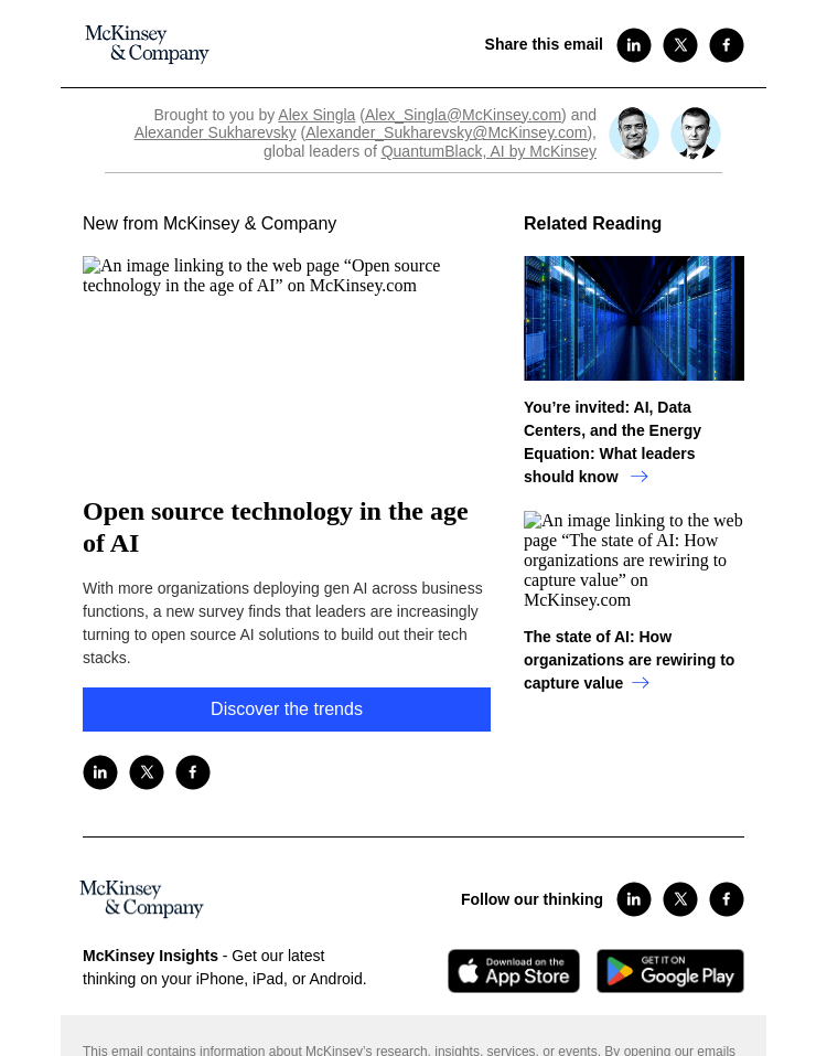 Письмо компании «McKinsey & Company» на тему «Open source technology in the age of AI»