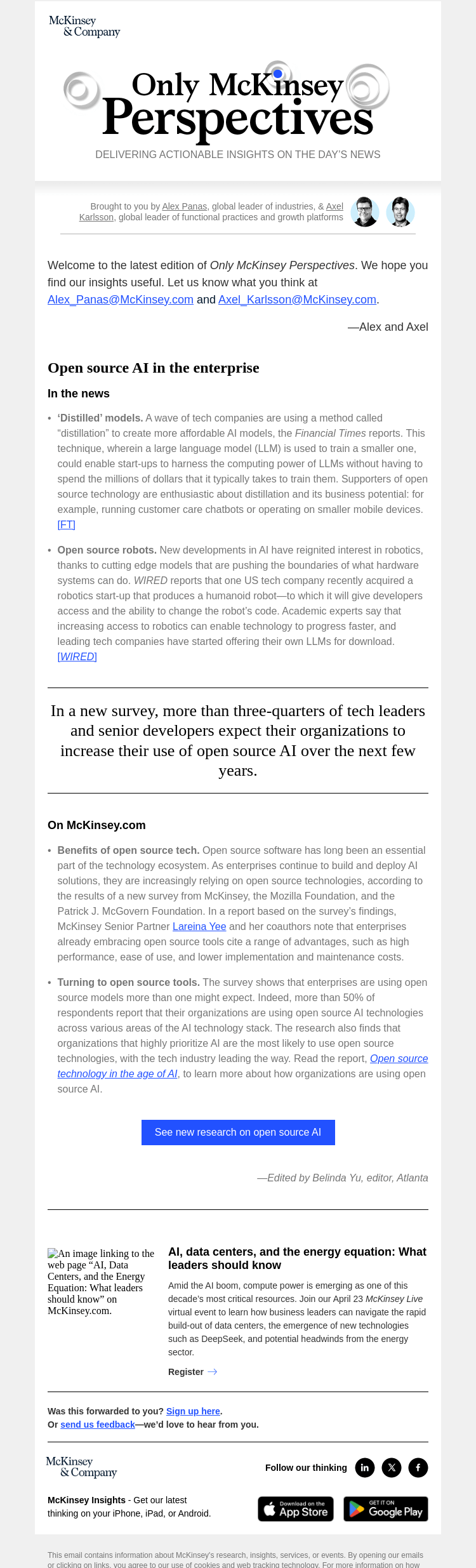 Письмо компании «McKinsey & Company» на тему «Open source AI: Current trends and the future outlook for
 businesses»