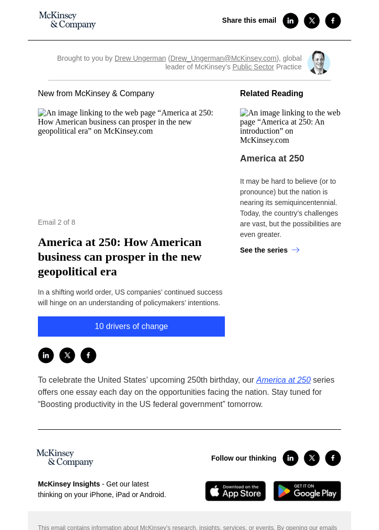 Письмо компании «McKinsey & Company» на тему «America at 250: How American business can prosper in the new
 geopolitical era»