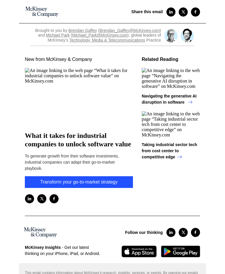 Письмо компании «McKinsey & Company» на тему «What it takes for industrial companies to unlock software value»