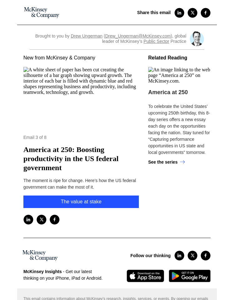 Письмо компании «McKinsey & Company» на тему «America at 250: Boosting productivity in the US federal government»