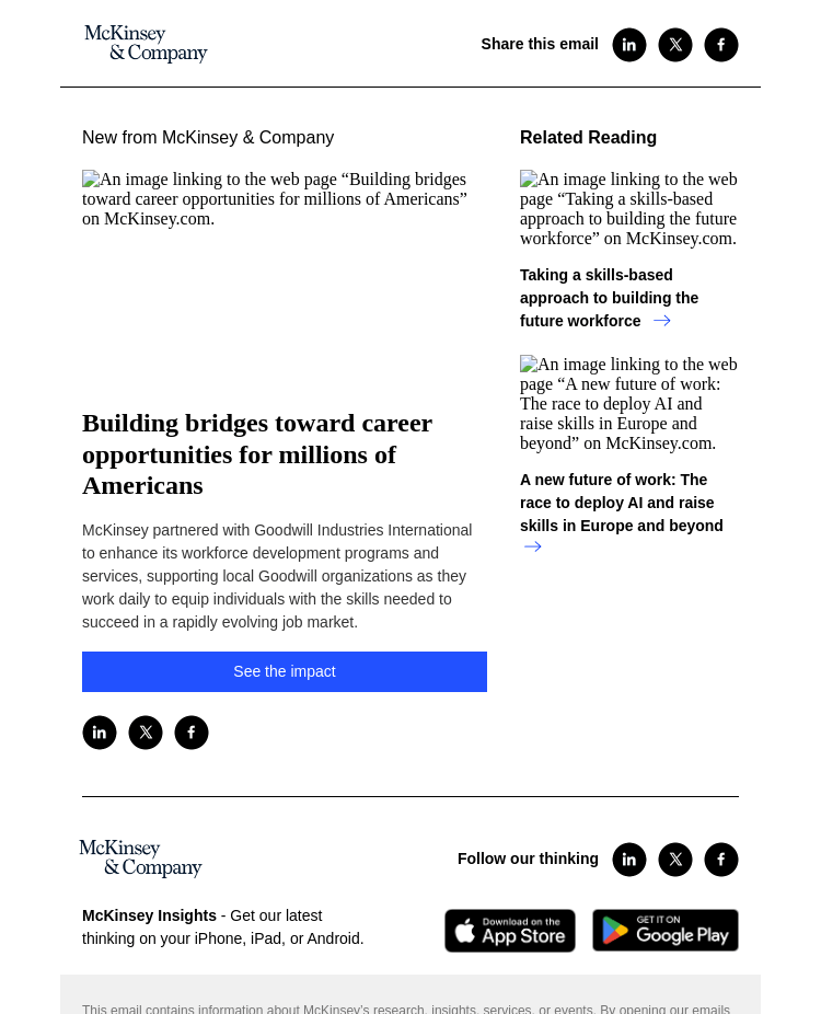 Письмо компании «McKinsey & Company» на тему «Building bridges toward career opportunities for millions of
 Americans»