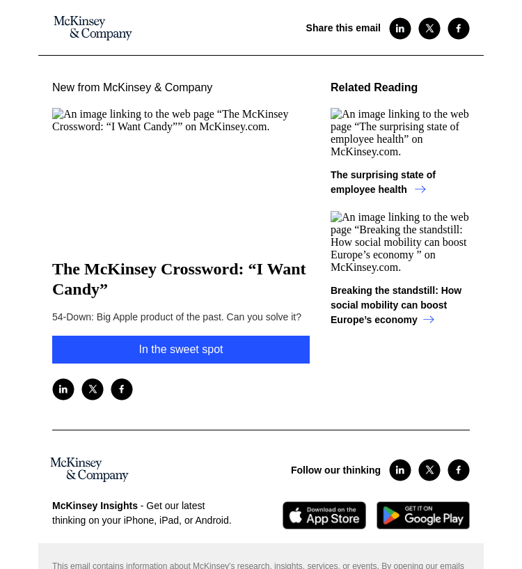 Письмо компании «McKinsey & Company» на тему «Your latest McKinsey Crossword: “I Want Candy”»