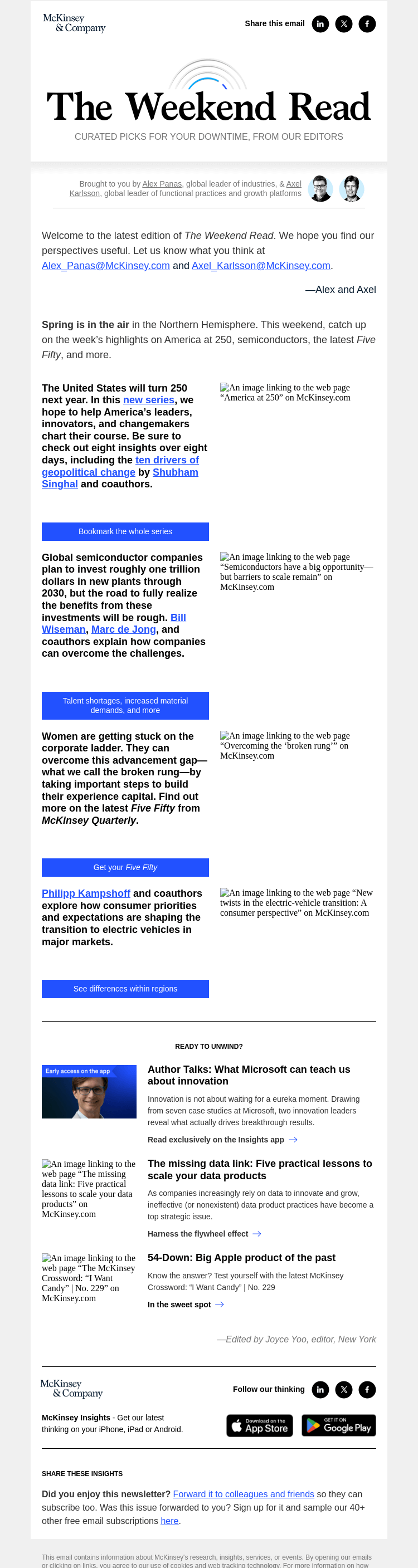 Письмо компании «McKinsey & Company» на тему «America at 250, semiconductors, the latest Five Fifty, and more:
 The Weekend Read»