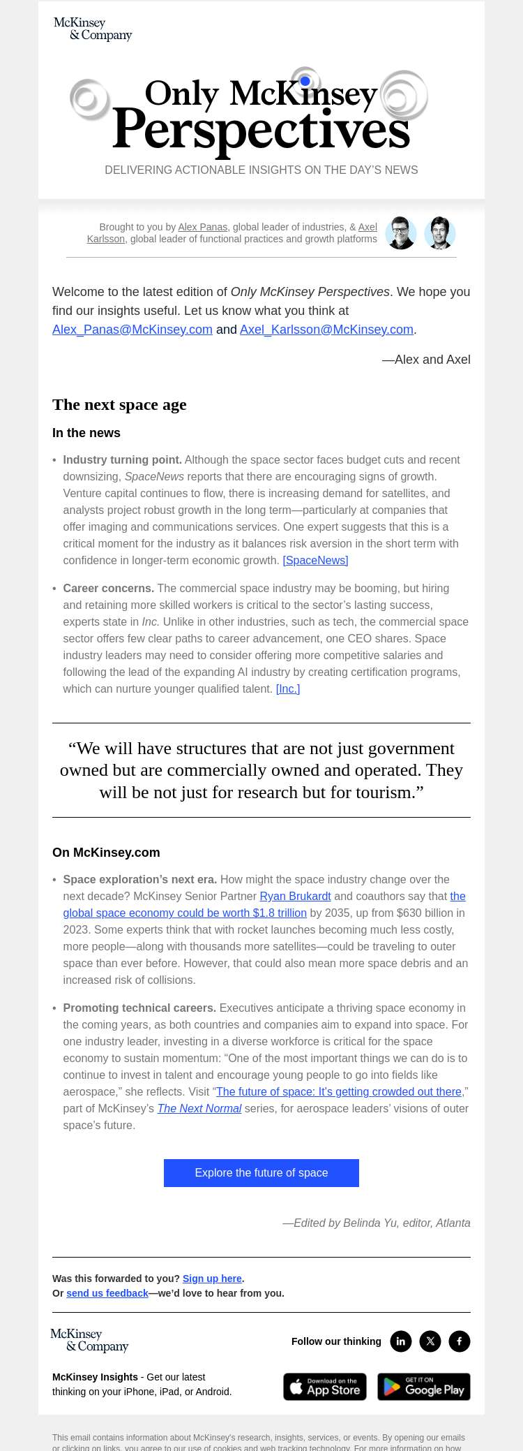 Письмо компании «McKinsey & Company» на тему «Space economy: What the future could hold»