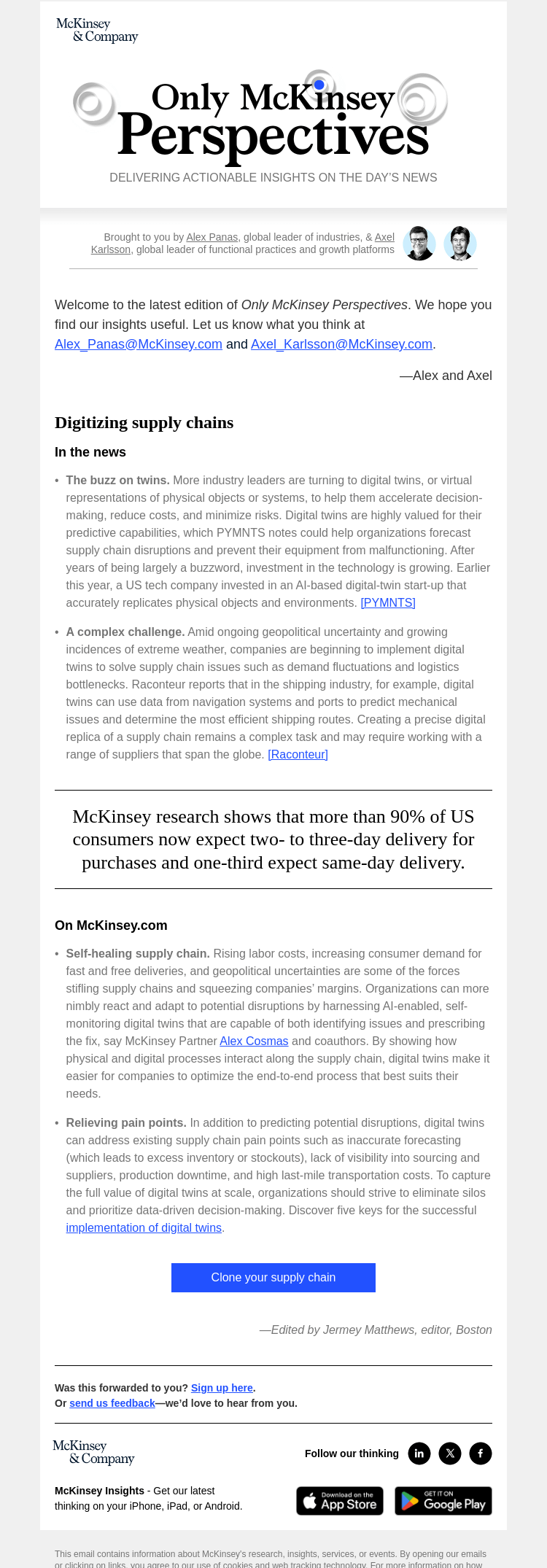 Письмо компании «McKinsey & Company» на тему «Can you predict supply chain disruptions? Digital twins offer a way»