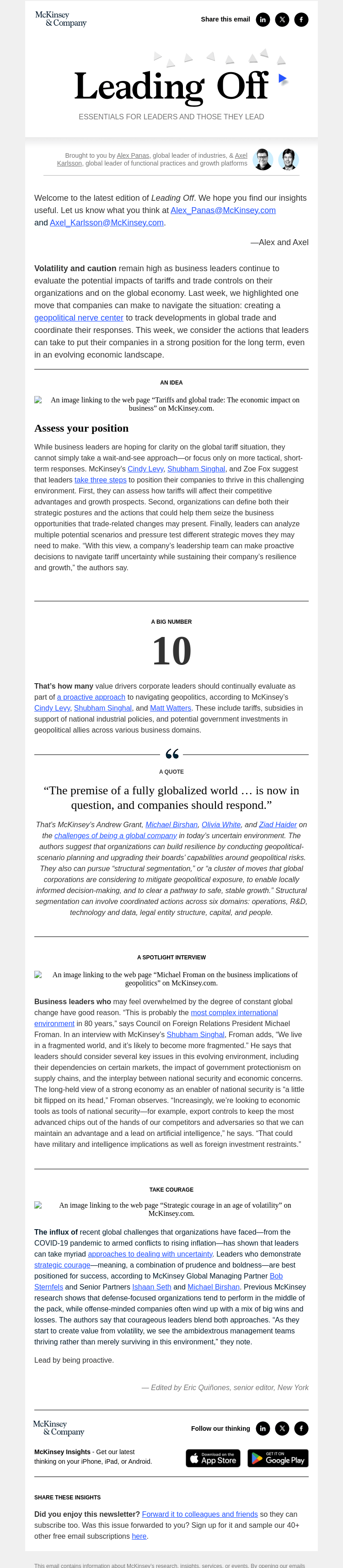 Письмо компании «McKinsey & Company» на тему «A leader’s guide to the business impact of tariffs»