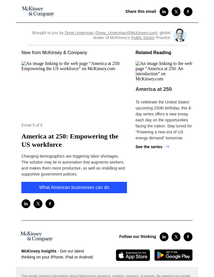 Письмо компании «McKinsey & Company» на тему «America at 250: Empowering the US workforce»