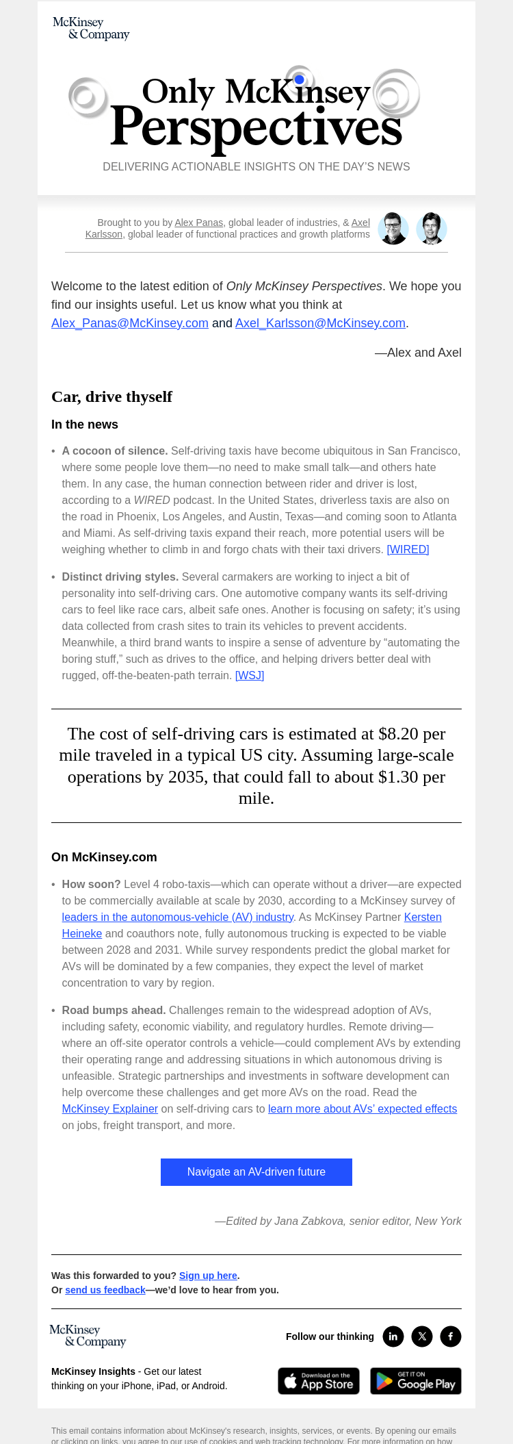 Письмо компании «McKinsey & Company» на тему «When will self-driving cars be mainstream?»
