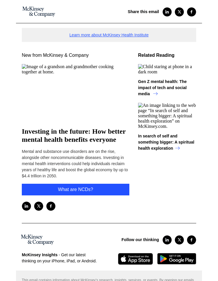Письмо компании «McKinsey & Company» на тему «Investing in the future: How better mental health benefits everyone»