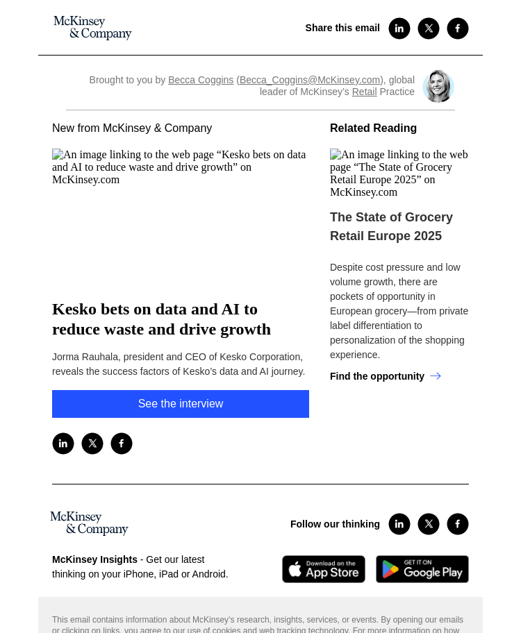 Письмо компании «McKinsey & Company» на тему «Kesko bets on data and AI to reduce waste and drive growth»