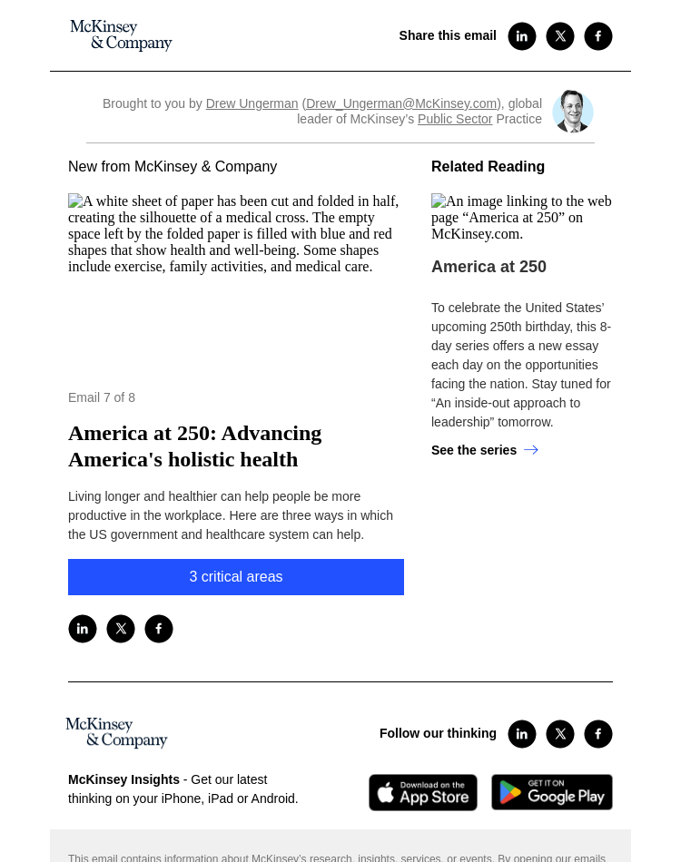 Письмо компании «McKinsey & Company» на тему «[America at 250] Advancing America’s holistic health»