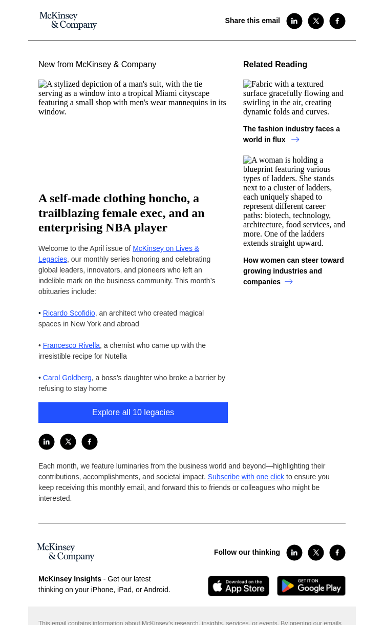 Письмо компании «McKinsey & Company» на тему «A self-made clothing honcho, a trailblazing female exec, and an
 enterprising NBA player»