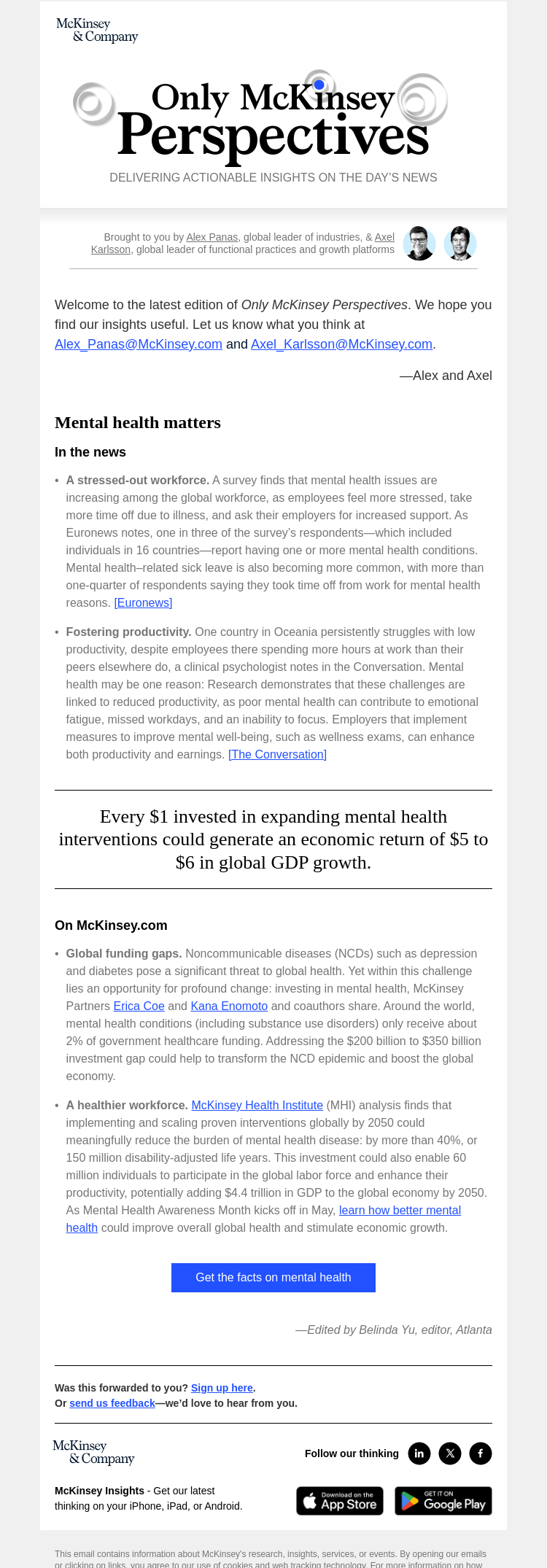 Письмо компании «McKinsey & Company» на тему «What could be gained by investing in mental health?»