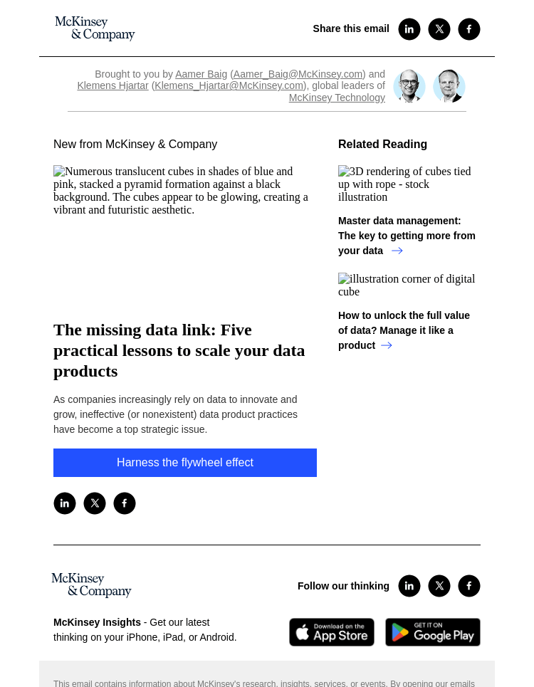 Письмо компании «McKinsey & Company» на тему «The missing data link: Five practical lessons to scale your data
 products»