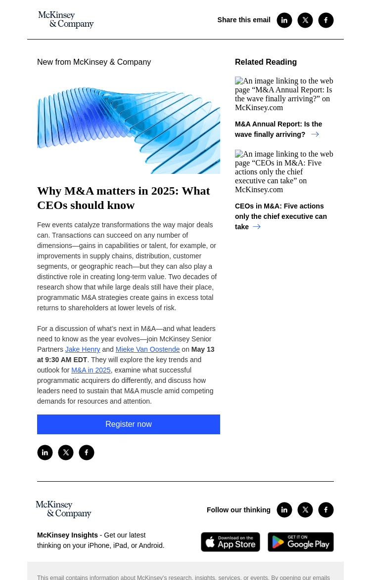 Письмо компании «McKinsey & Company» на тему «You're invited! Join us for a McKinsey Live virtual event on M&A in
 2025»