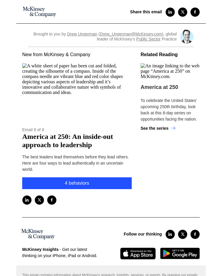 Письмо компании «McKinsey & Company» на тему «[America at 250] An inside-out approach to leadership»