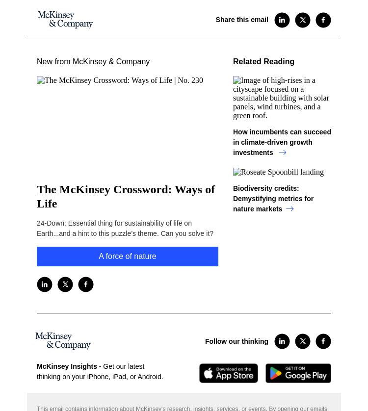 Письмо компании «McKinsey & Company» на тему «Your latest McKinsey Crossword: Ways of Life»
