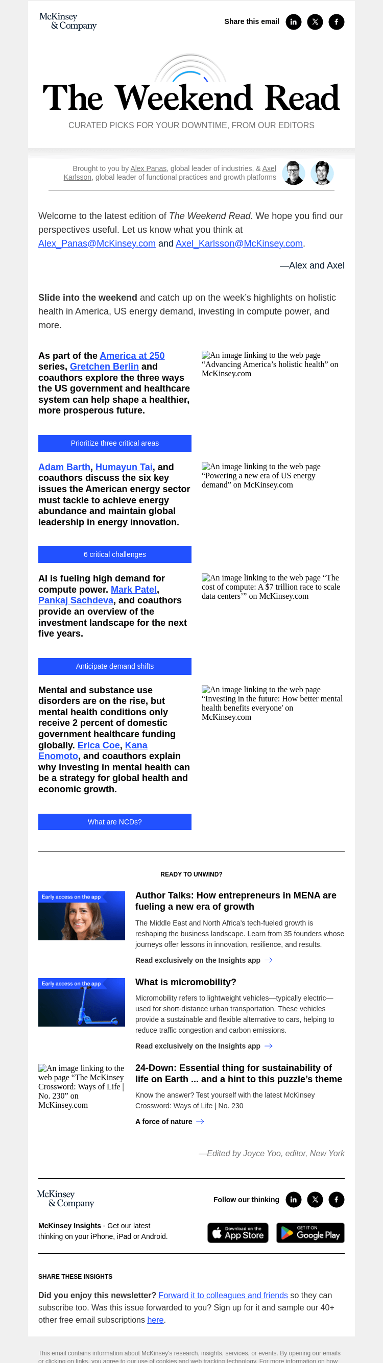 Письмо компании «McKinsey & Company» на тему «Holistic health in America, US energy demand, investing in compute
 power, and more: The Weekend Read»