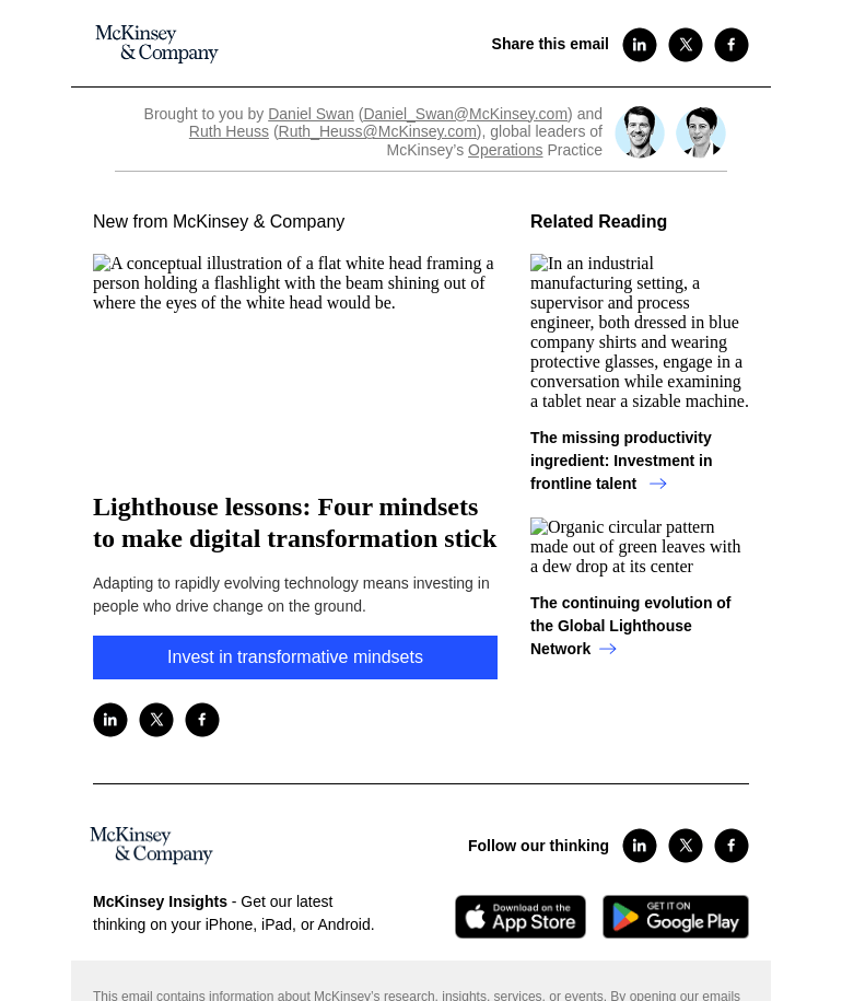 Письмо компании «McKinsey & Company» на тему «Lighthouse lessons: Four mindsets to make digital transformation
 stick»