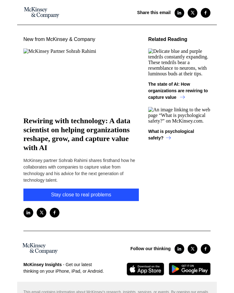 Письмо компании «McKinsey & Company» на тему «Rewiring with technology: A data scientist on helping organizations
 reshape, grow, and capture value with AI»