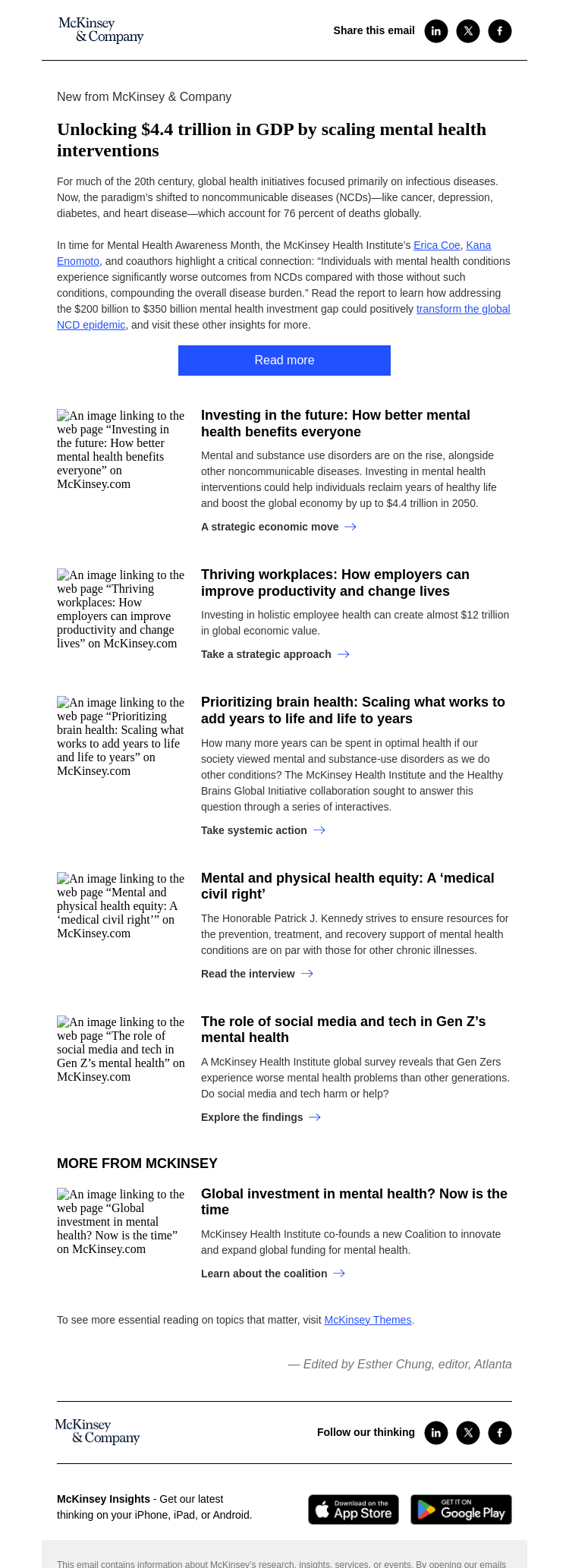 Письмо компании «McKinsey & Company» на тему «Unlocking $4.4 trillion in GDP by scaling mental health
 interventions»