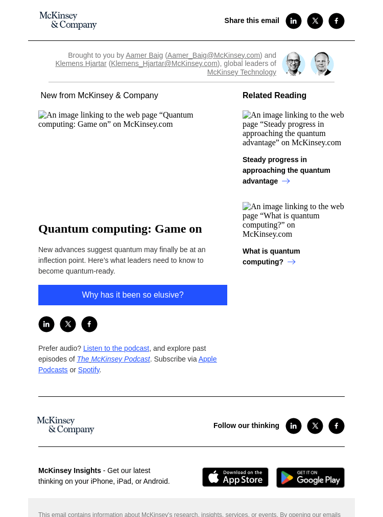 Письмо компании «McKinsey & Company» на тему «Quantum computing: Game on»