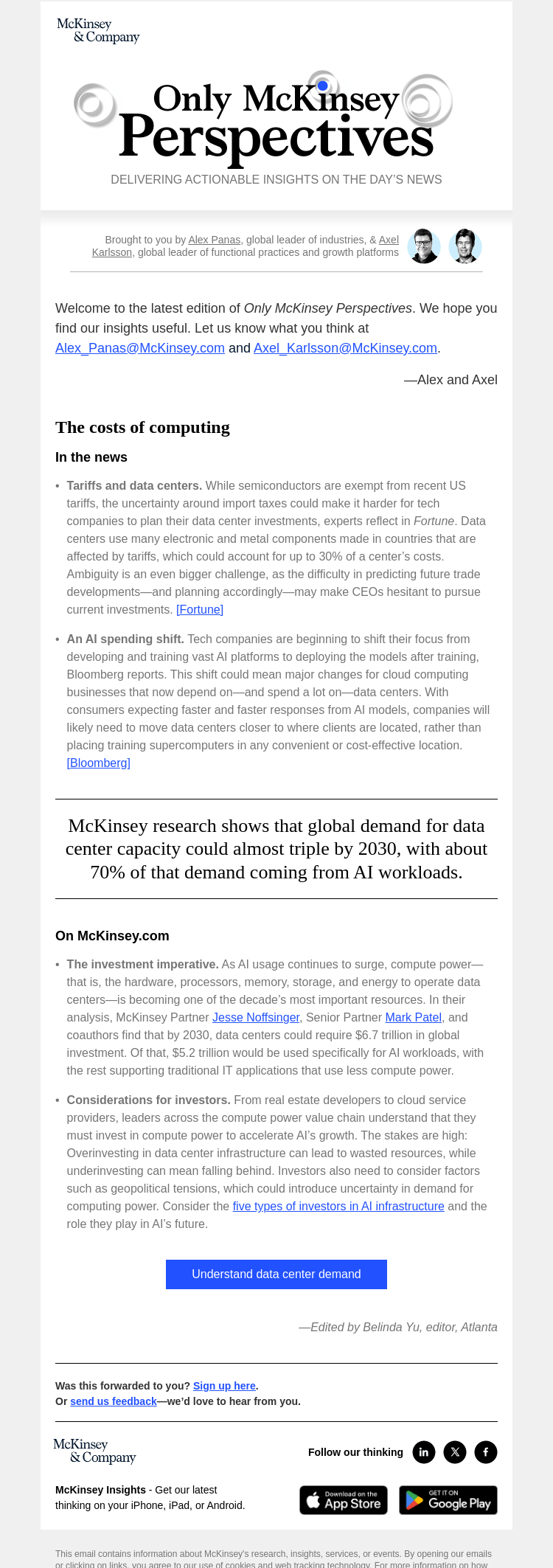 Письмо компании «McKinsey & Company» на тему «Investing in data centers and AI’s future growth»