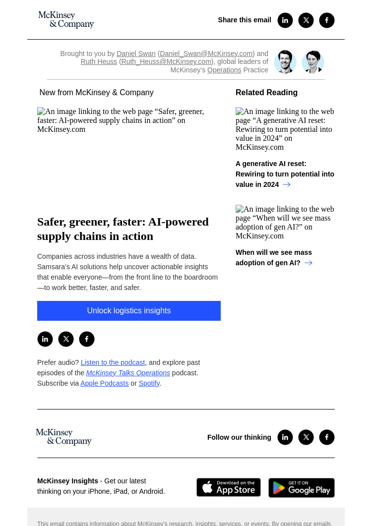 Письмо компании «McKinsey & Company» на тему «Safer, greener, faster: AI-powered supply chains in action»