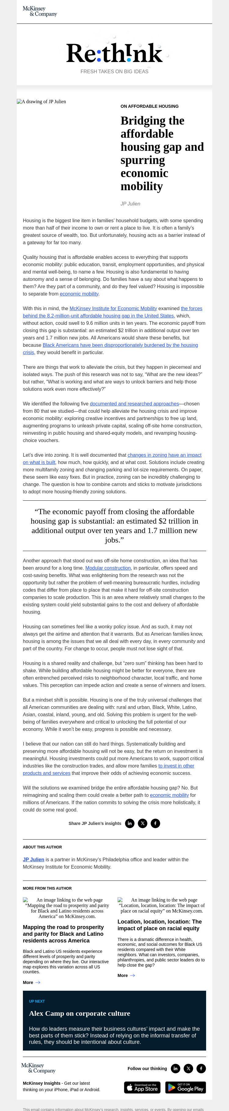 Письмо компании «McKinsey & Company» на тему «Affordable housing creates economic opportunity»
