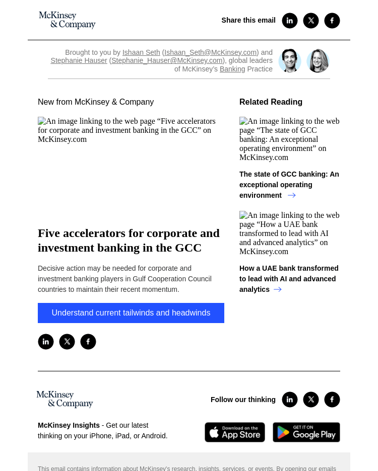 Письмо компании «McKinsey & Company» на тему «Five accelerators for corporate and investment banking in the GCC»