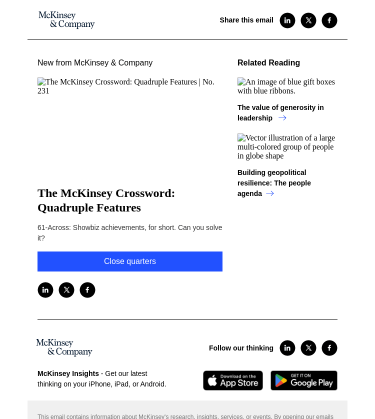 Письмо компании «McKinsey & Company» на тему «Your latest McKinsey Crossword: Quadruple Features»