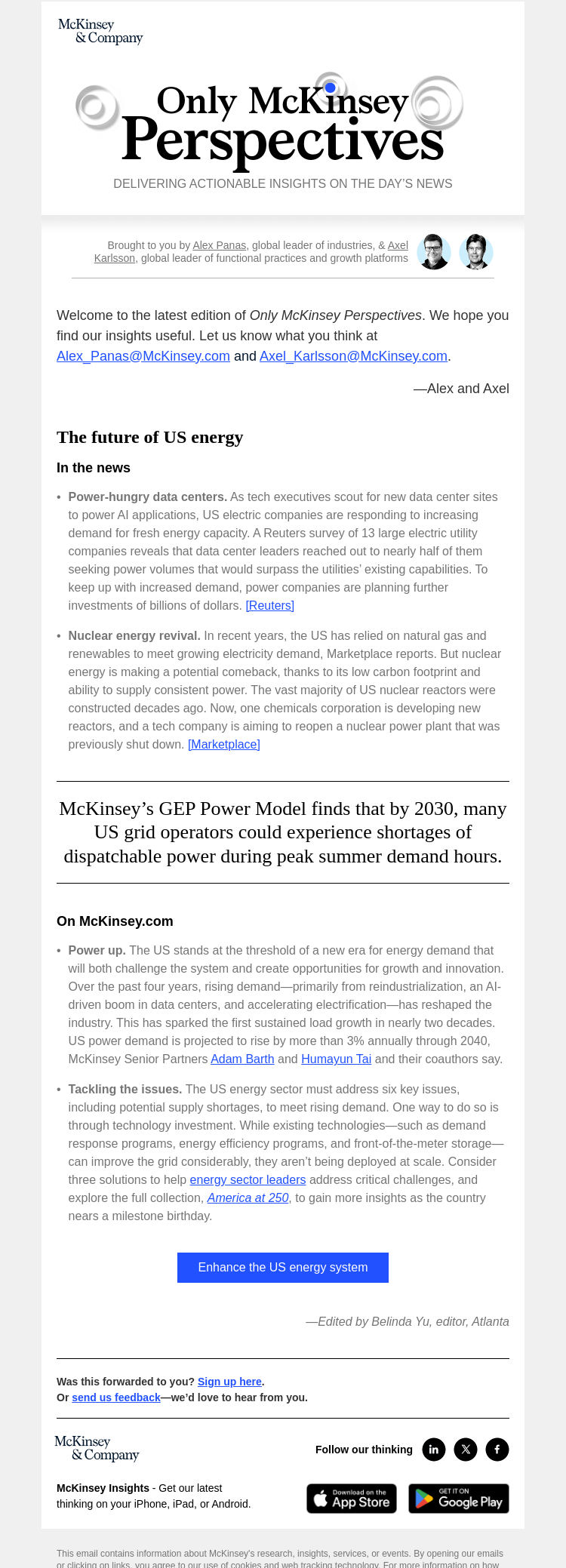Письмо компании «McKinsey & Company» на тему «Meeting surging demand for energy in the US»