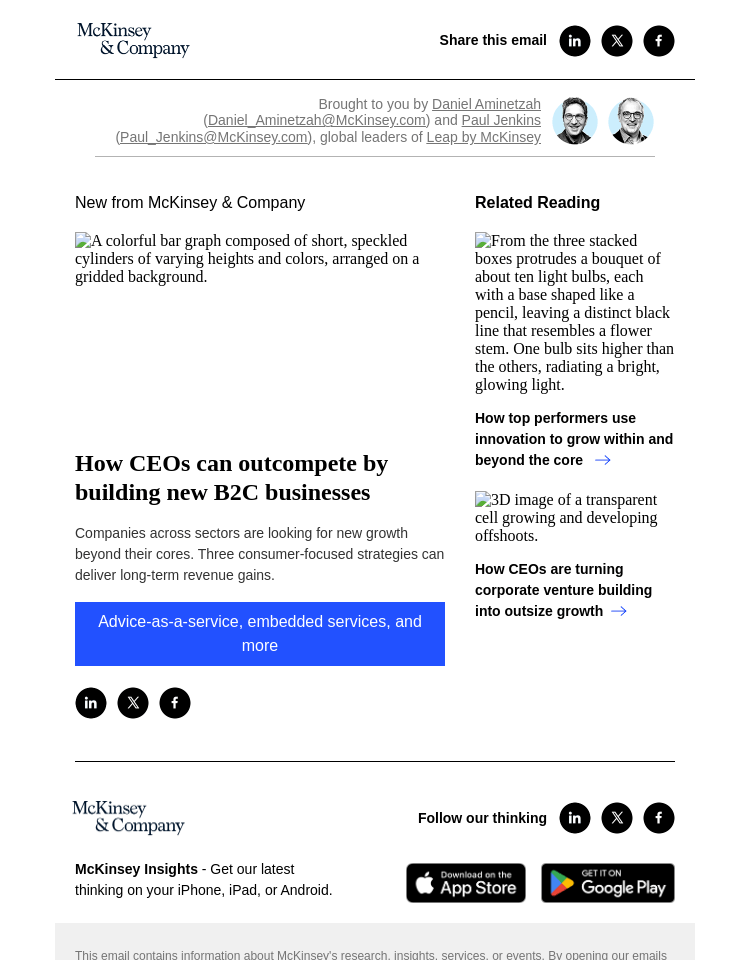 Письмо компании «McKinsey & Company» на тему «How CEOs can outcompete by building new B2C businesses»