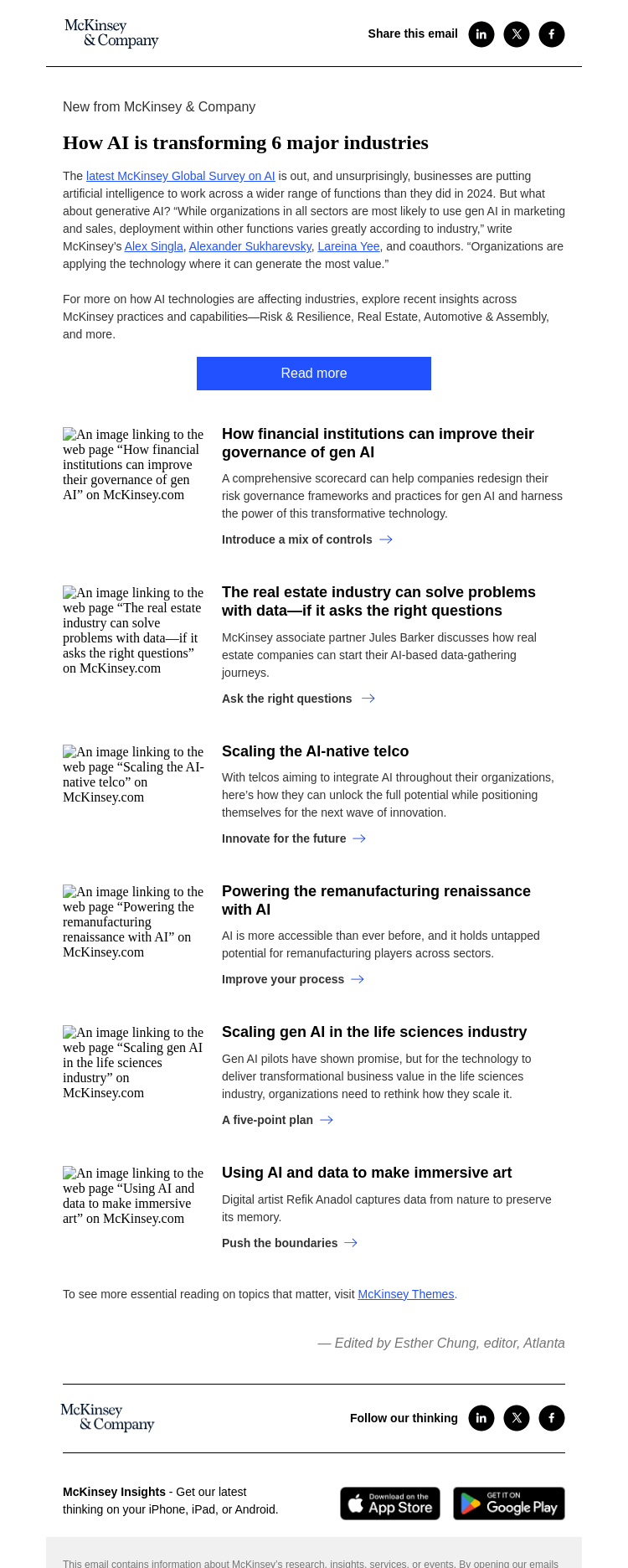 Письмо компании «McKinsey & Company» на тему «Here’s how AI is transforming 6 major industries»