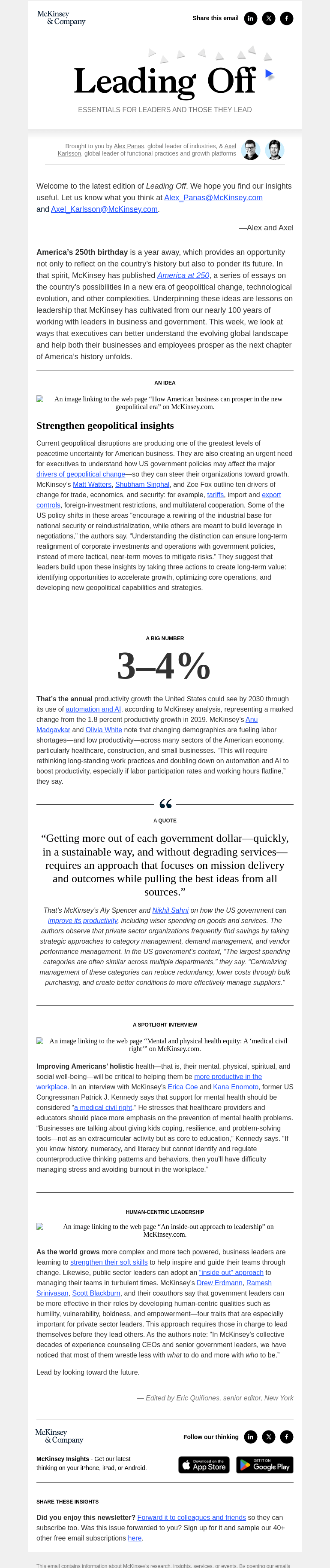 Письмо компании «McKinsey & Company» на тему «Opportunities for America at 250 and beyond: A leader’s guide»