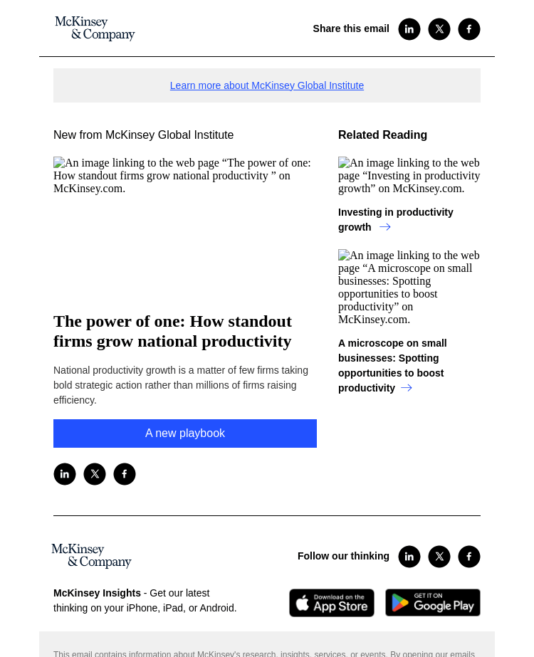 Письмо компании «McKinsey & Company» на тему «The power of one: How standout firms grow national productivity»