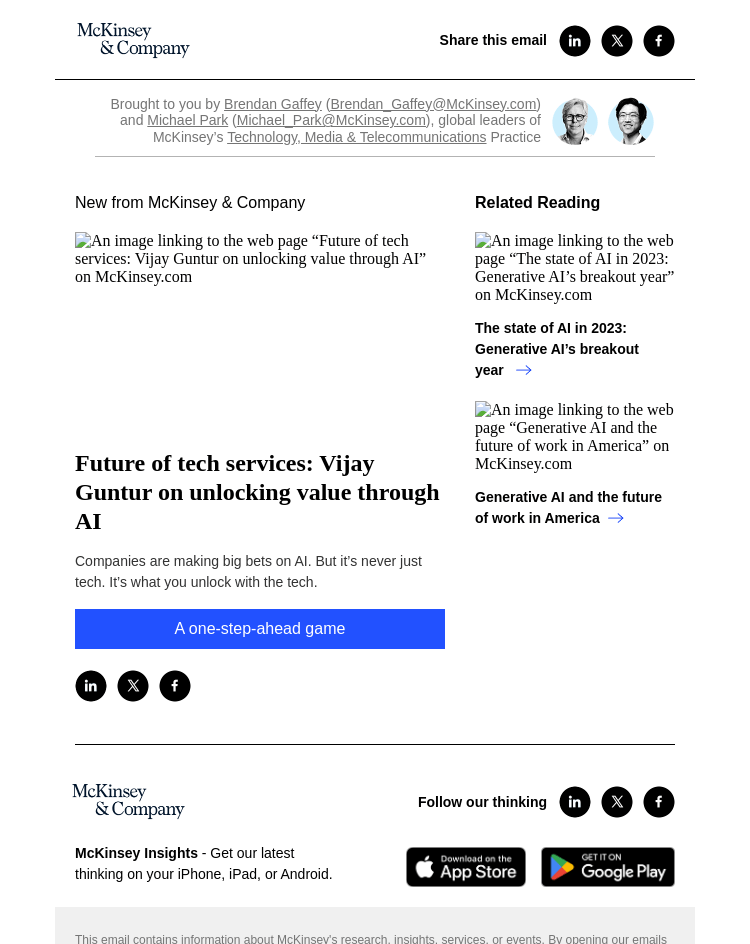 Письмо компании «McKinsey & Company» на тему «Future of tech services: Vijay Guntur on unlocking value through AI»