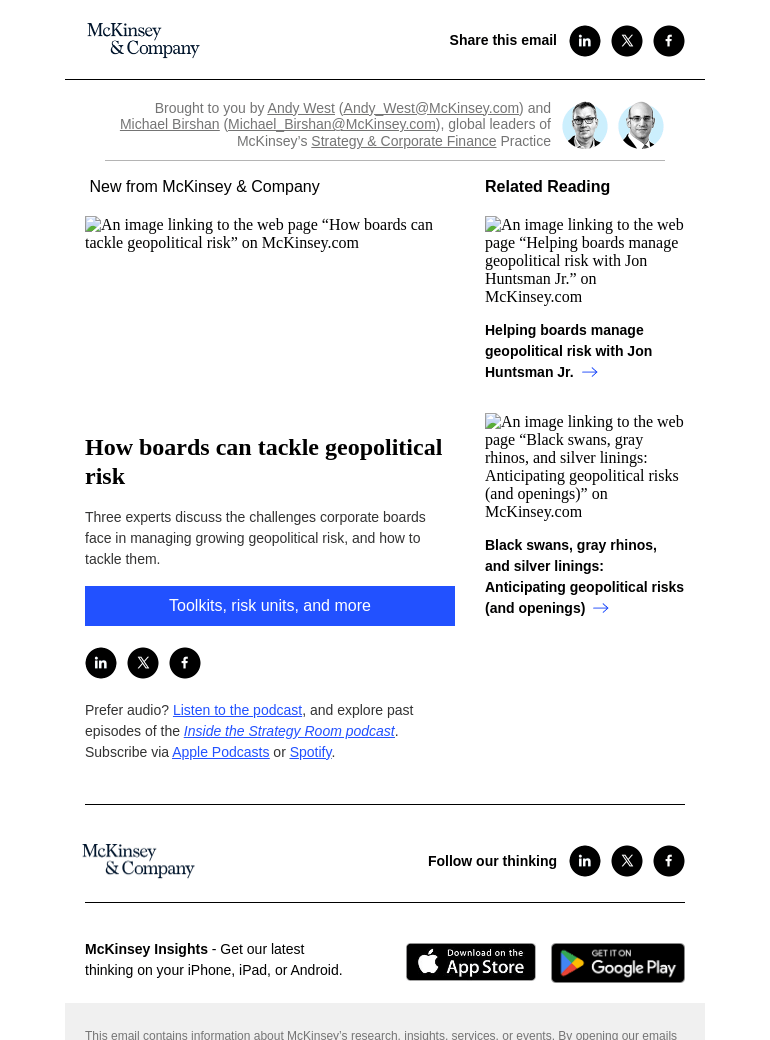 Письмо компании «McKinsey & Company» на тему «How boards can tackle geopolitical risk»