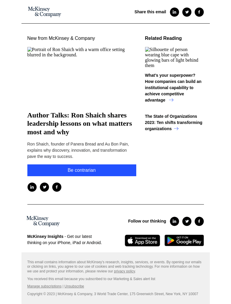 Письмо компании «McKinsey & Company» на тему «Author Talks: Ron Shaich shares leadership lessons on what matters
 most and why»