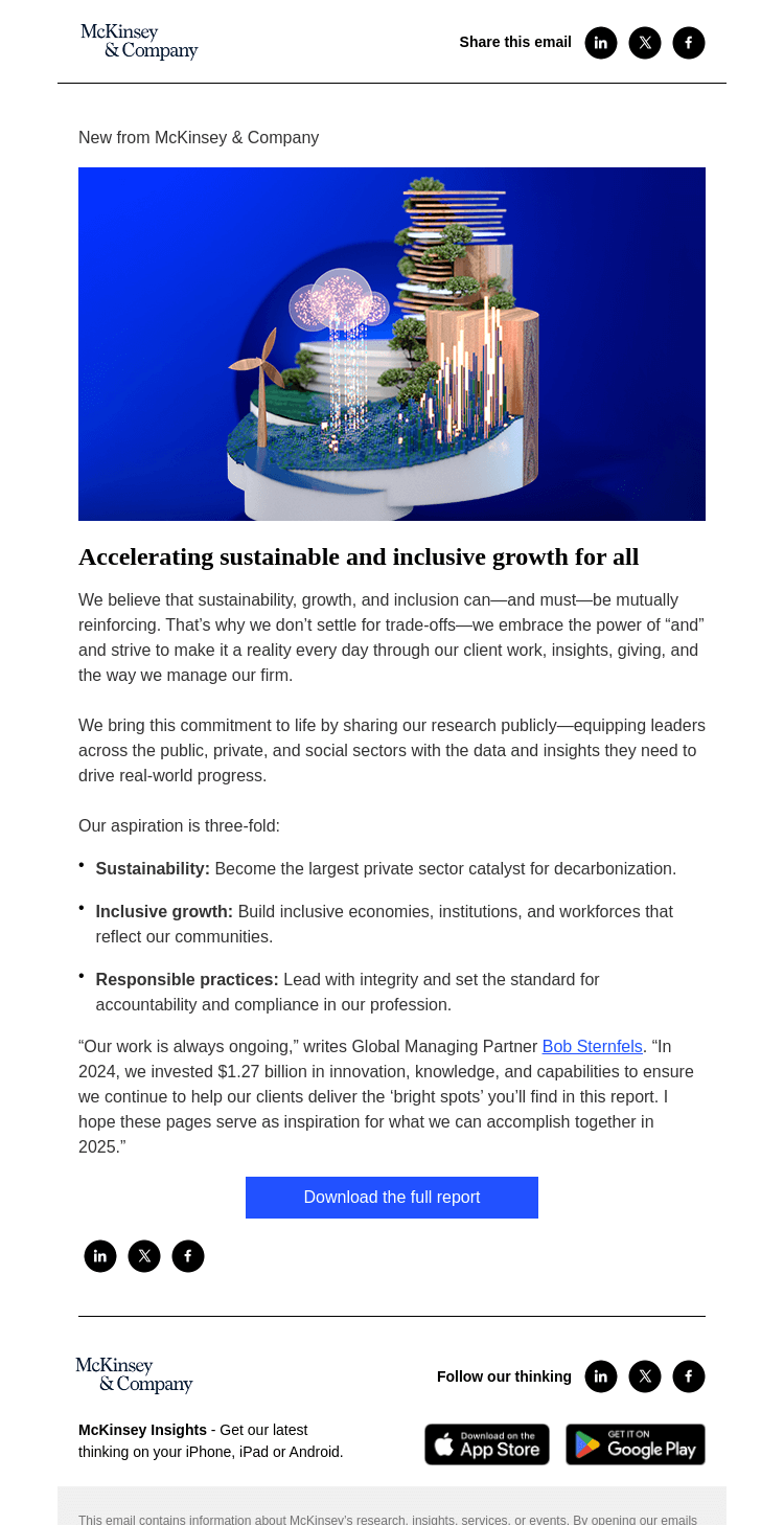 Письмо компании «McKinsey & Company» на тему «McKinsey’s 2024 sustainable and inclusive growth report»