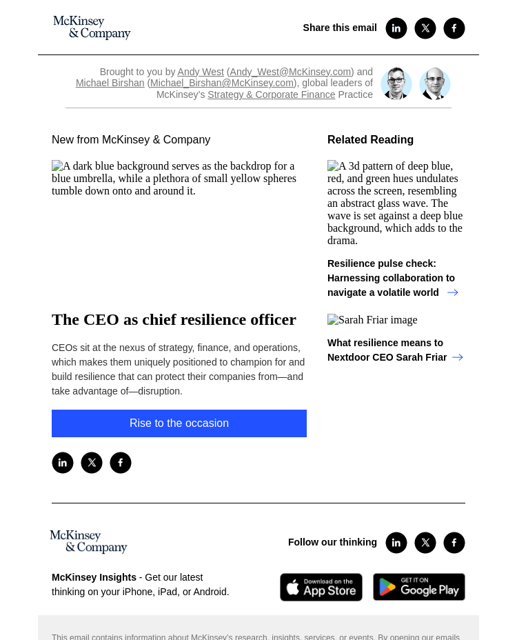 Письмо компании «McKinsey & Company» на тему «The CEO as chief resilience officer»