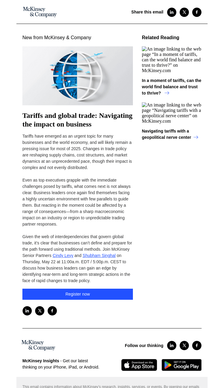 Письмо компании «McKinsey & Company» на тему «You’re invited! Join us for a McKinsey Live virtual event on tariffs and global trade»