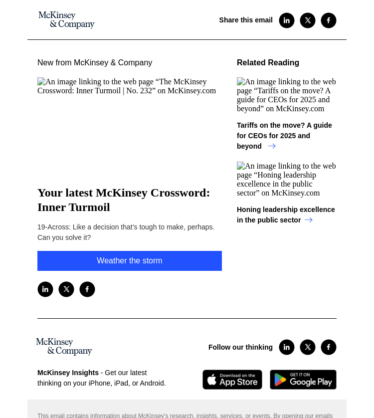 Письмо компании «McKinsey & Company» на тему «Your latest McKinsey Crossword: Inner Turmoil»