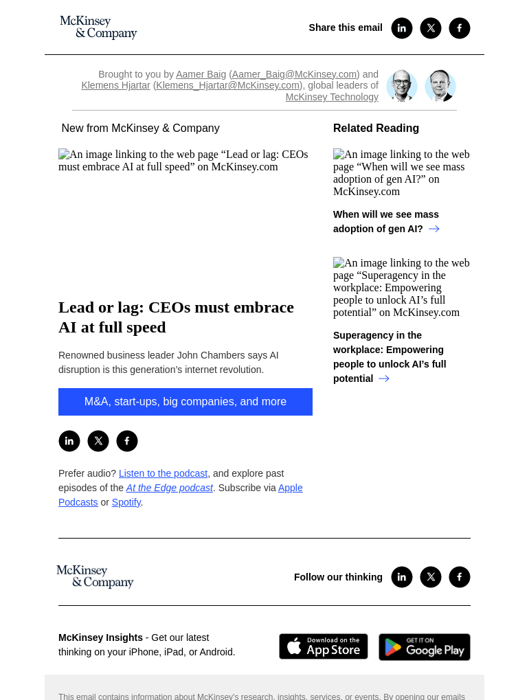 Письмо компании «McKinsey & Company» на тему «Lead or lag: CEOs must embrace AI at full speed»