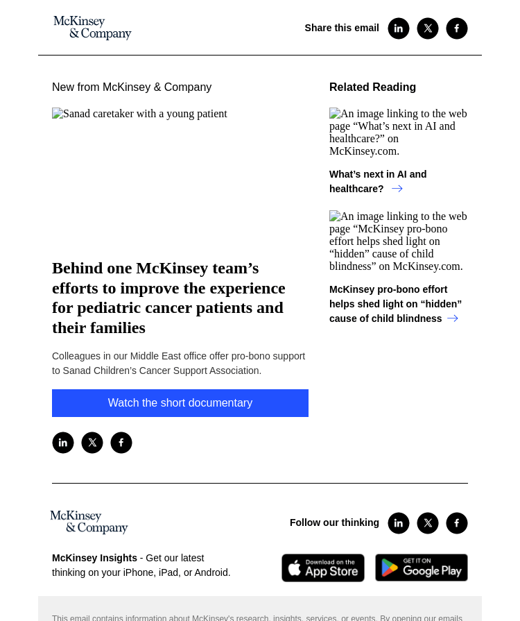 Письмо компании «McKinsey & Company» на тему «Behind one McKinsey team’s efforts to improve the experience for pediatric cancer patients and their families»