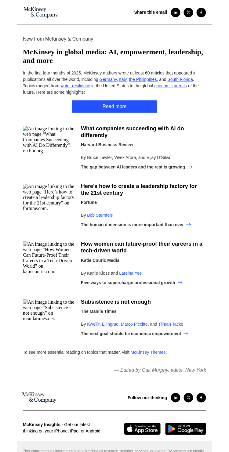Письмо компании «McKinsey & Company» на тему «McKinsey ideas in global media outlets: AI, empowerment,
 leadership, and more»