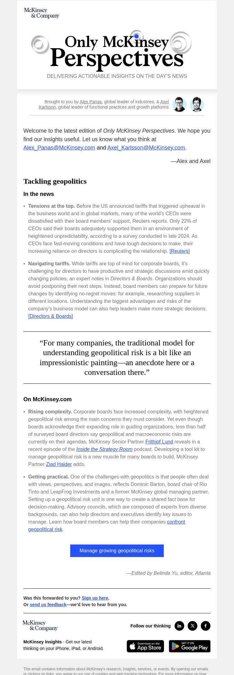 Письмо компании «McKinsey & Company» на тему «How are corporate boards handling geopolitical risk?»